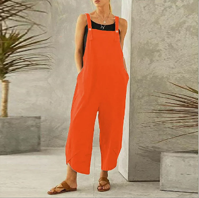 Womens Solid Color Casual Ninth Overalls