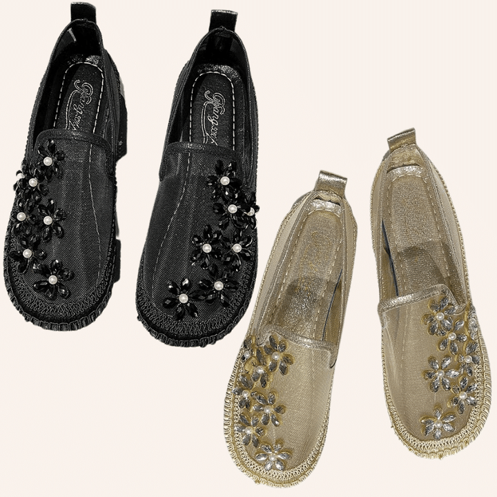 Women Rhinestone Crystal Flowers Mesh Ballet Flats Walking Shoes