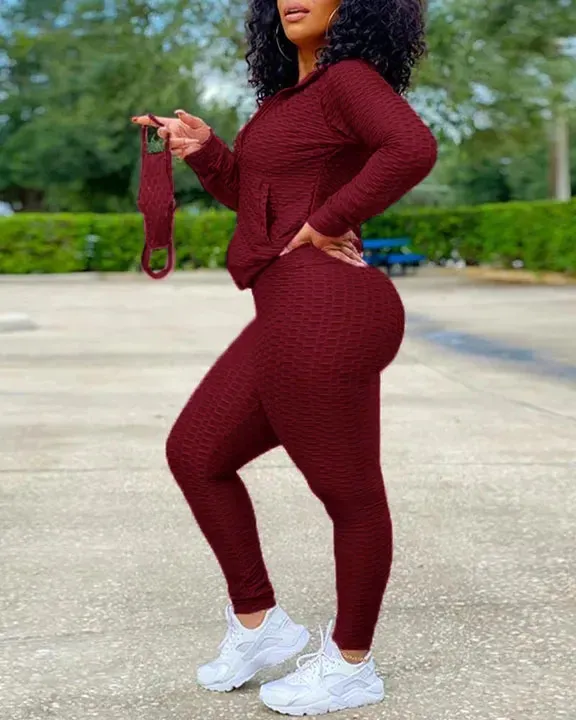 Solid Textured Dual Pocket Sports Jacket  Ruched Leggings Set With Mask