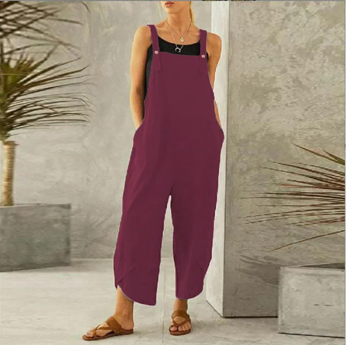 Womens Solid Color Casual Ninth Overalls