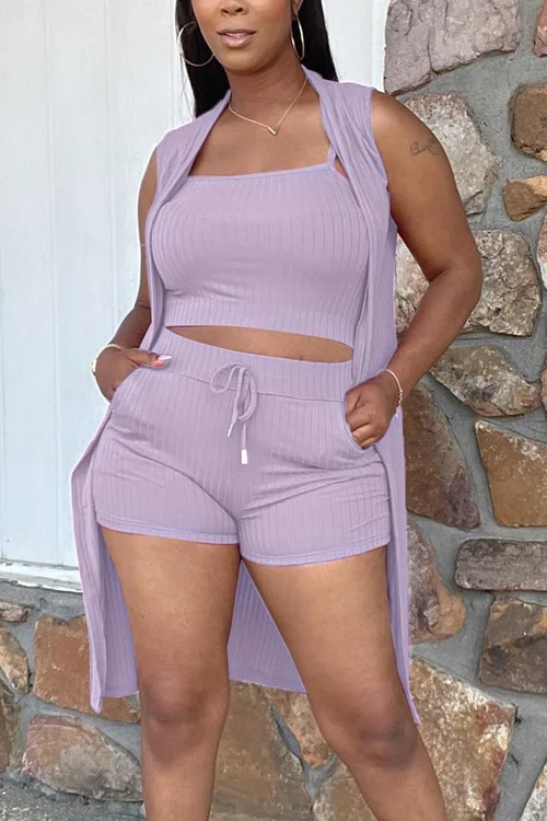 3 Piece Rib Knit Top Shorts Cardigan Set