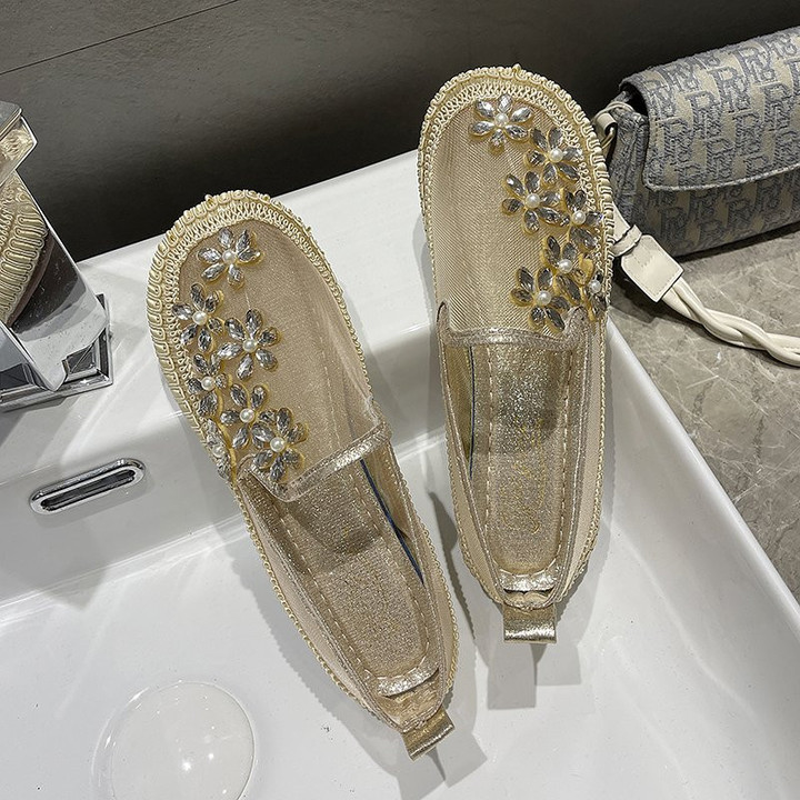 Women Rhinestone Crystal Flowers Mesh Ballet Flats Walking Shoes