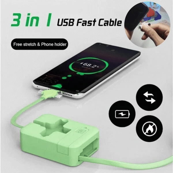 3 in 1 Rechargeable USB Fast Charging Cable  Mobile Stand