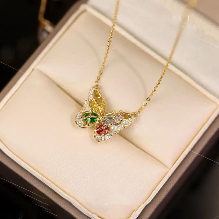 Colorful Gem Openwork Butterfly Pendants Necklace