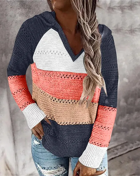 Colorblock Hollow Out Drawstring Hooded Sweater