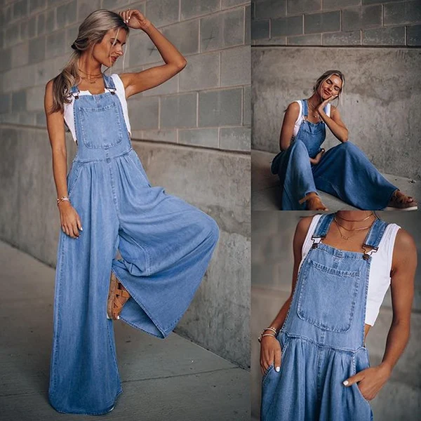 Womens Loose Adjustable Strap Wide Leg Denim