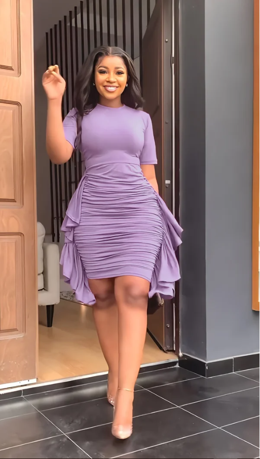 Round Neck Short Sleeve Irregular Ruffle Midi Dresses