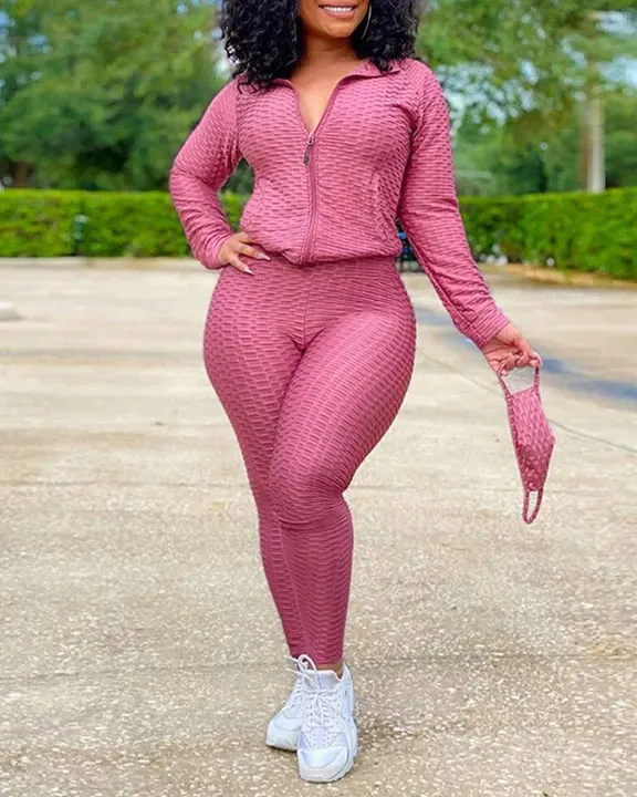 Solid Textured Dual Pocket Sports Jacket  Ruched Leggings Set With Mask
