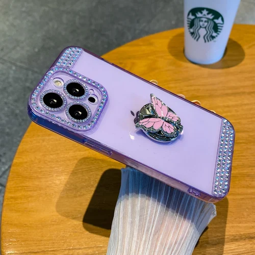 Butterfly Diamond TPU Soft Rubber Stand Cover for iPhone