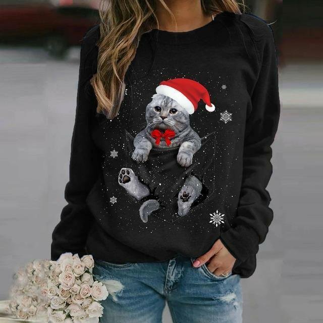 Christmas Cat Print T Shirt