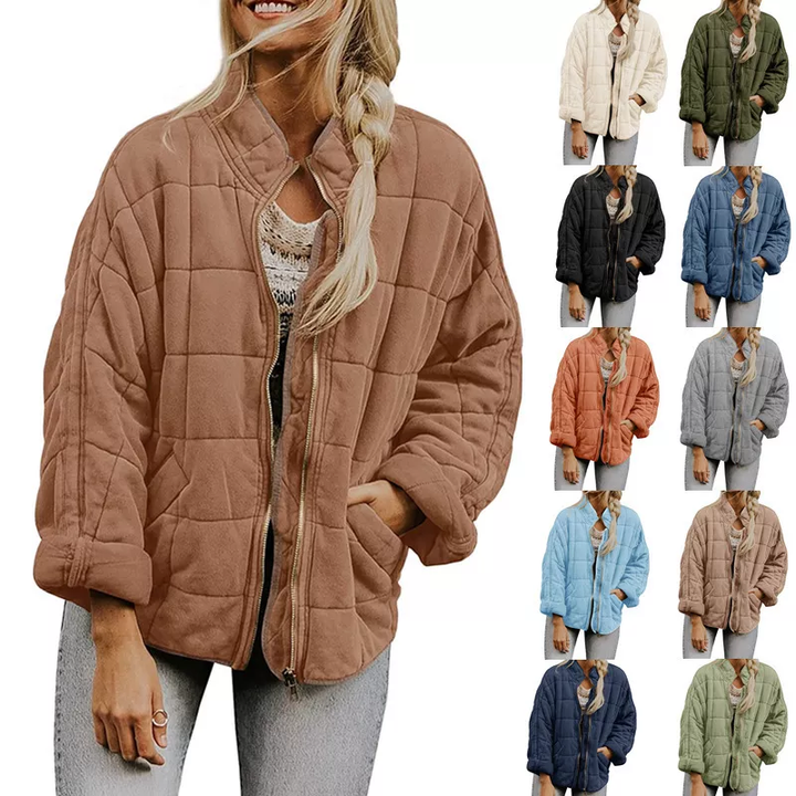 Womens Fashion Solid Color Stand Collar Cotton Padded Jacket