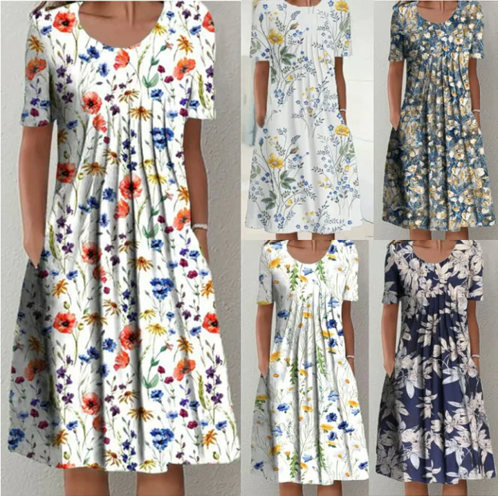 Station Spring And Summer Womens Casual Printing Round Neck Short-sleeved Dress