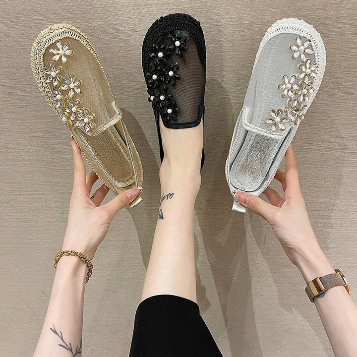 Women Rhinestone Crystal Flowers Mesh Ballet Flats Walking Shoes