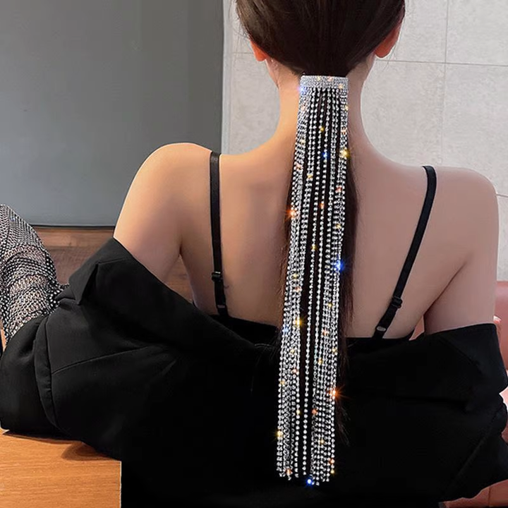 GLEAMING MULTI STRAND RHINESTONE PONYTAIL LONG TASSEL HAIR CLIP