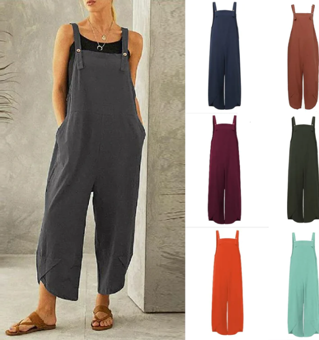 Womens Solid Color Casual Ninth Overalls