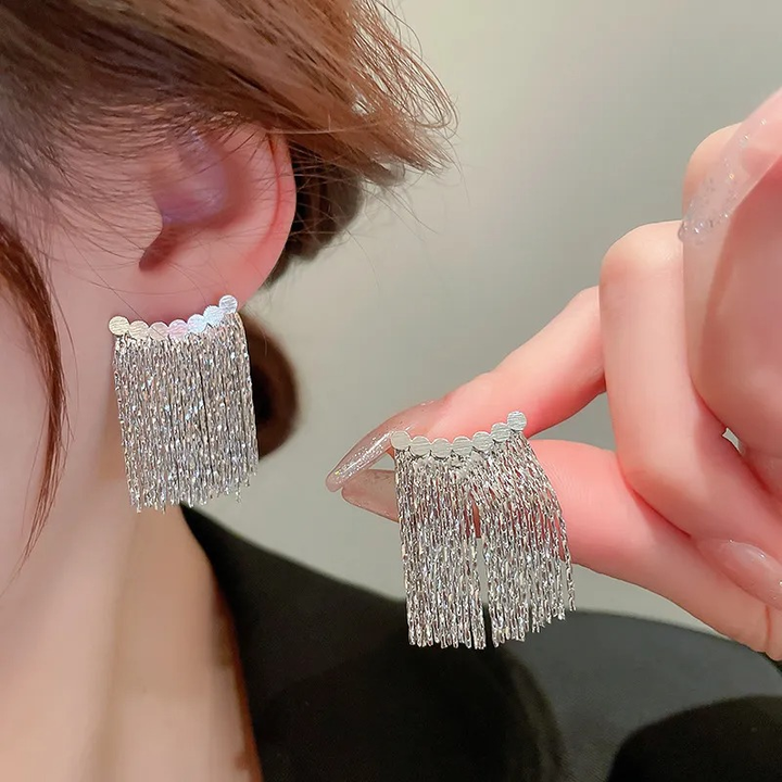 CURVED BAR LONG TASSEL EARRINGS