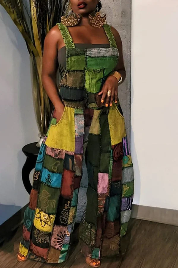 Patchwork Loose Suspender Jumpsuit