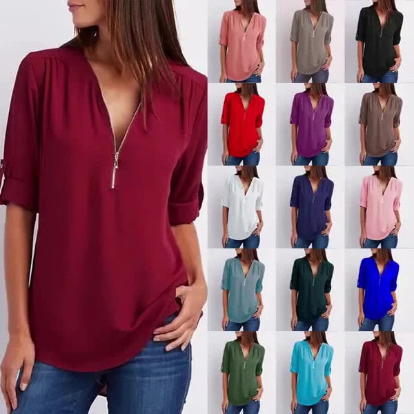Plus Size Loose 3 4 Sleeve Zipper Blouse