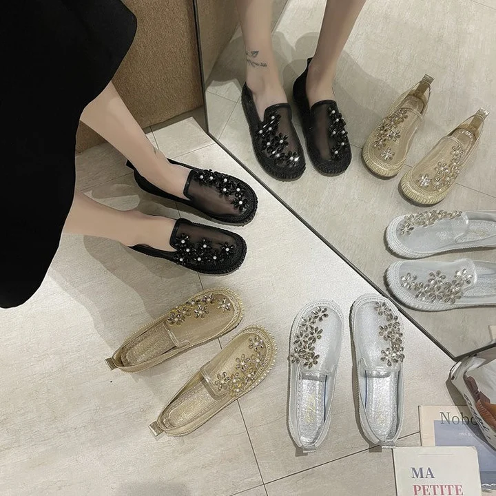 Women Rhinestone Crystal Flowers Mesh Ballet Flats Walking Shoes