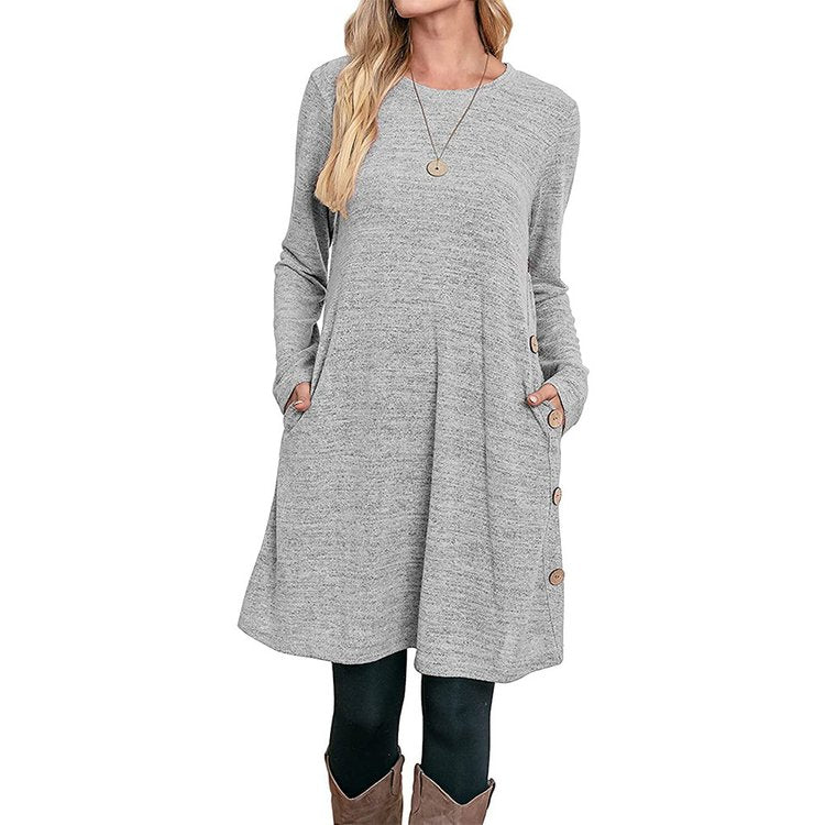 BUTTONED POCKET CASUAL LOOSE DRESS