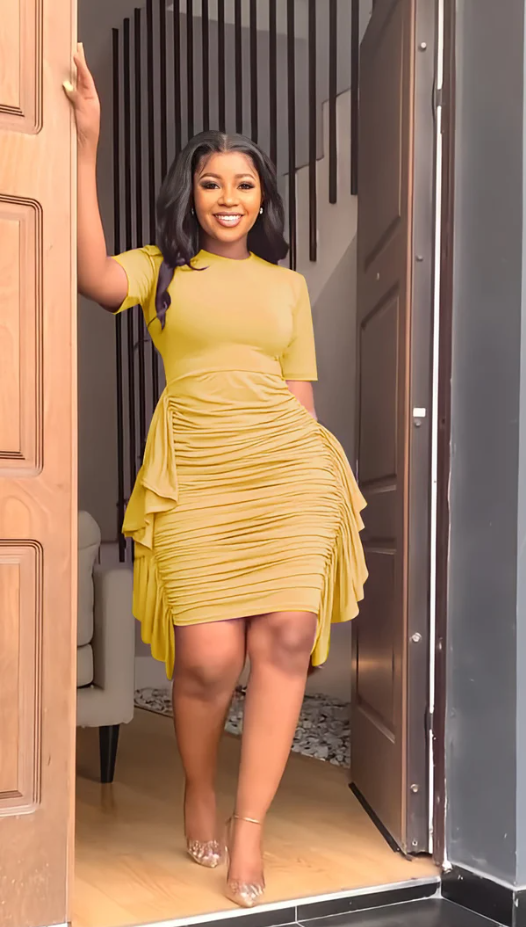 Round Neck Short Sleeve Irregular Ruffle Midi Dresses