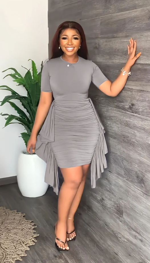 Round Neck Short Sleeve Irregular Ruffle Midi Dresses