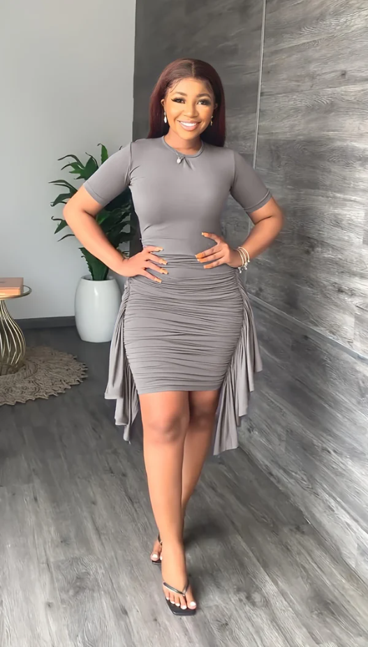 Round Neck Short Sleeve Irregular Ruffle Midi Dresses