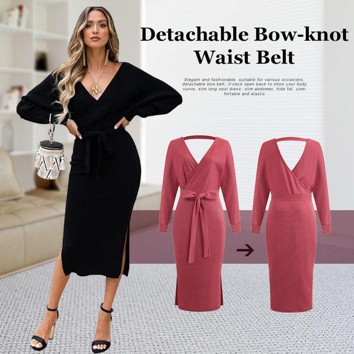 Elegant V Neck Wrap Sweater Dress