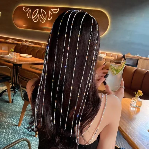 Coloured Rhinestone Chain Tassel Hair Clips Headband for Bride