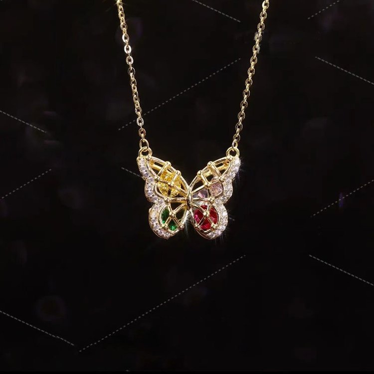 Colorful Gem Openwork Butterfly Pendants Necklace