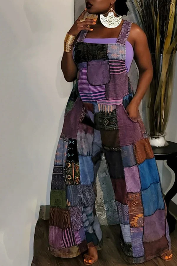 Patchwork Loose Suspender Jumpsuit