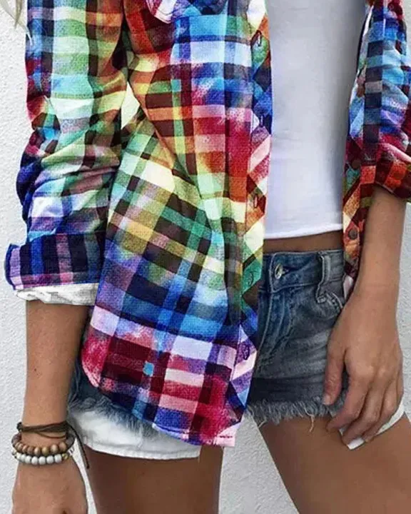 Plaid Print Flap Pocket Button Up Collar Shirt