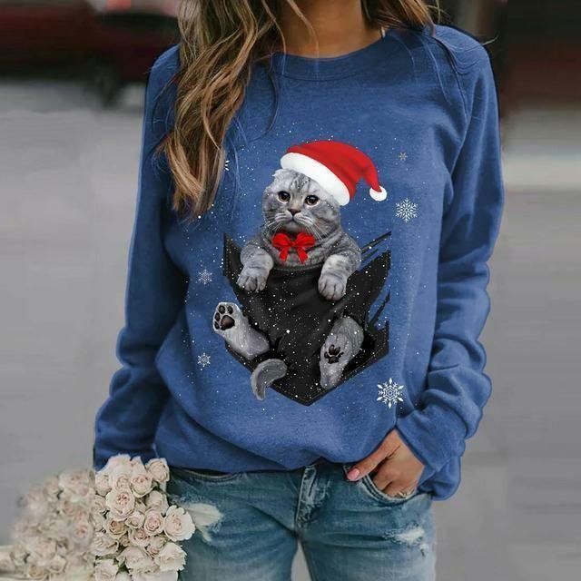 Christmas Cat Print T Shirt