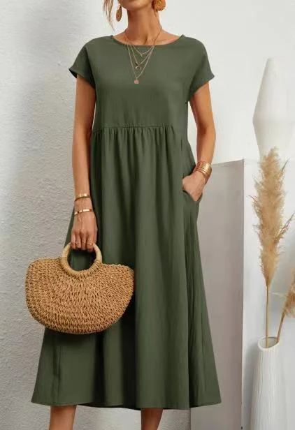 Womens Short Sleeve Cotton And Linen Dress