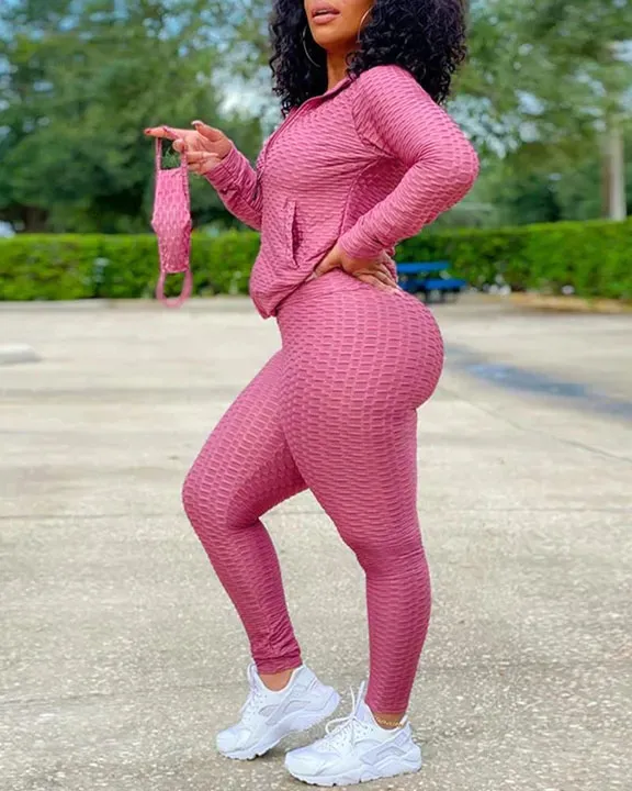Solid Textured Dual Pocket Sports Jacket  Ruched Leggings Set With Mask