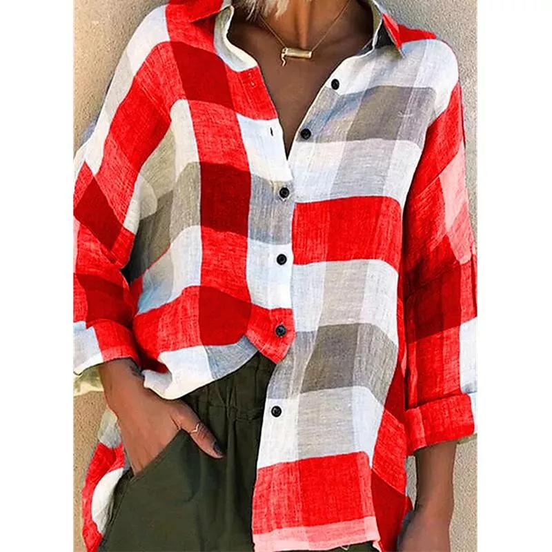 Womens Printed Long sleeved Shirt Loose Plaid Shirt