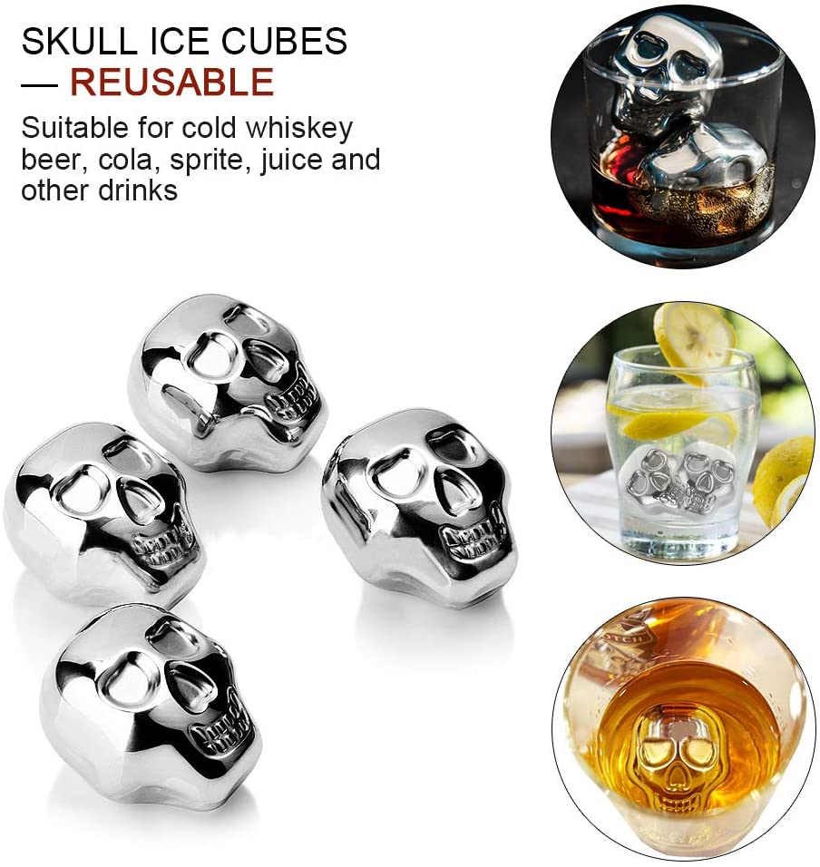 4Pcs Stainless Steel Skull Ice Cube Molds with Clip