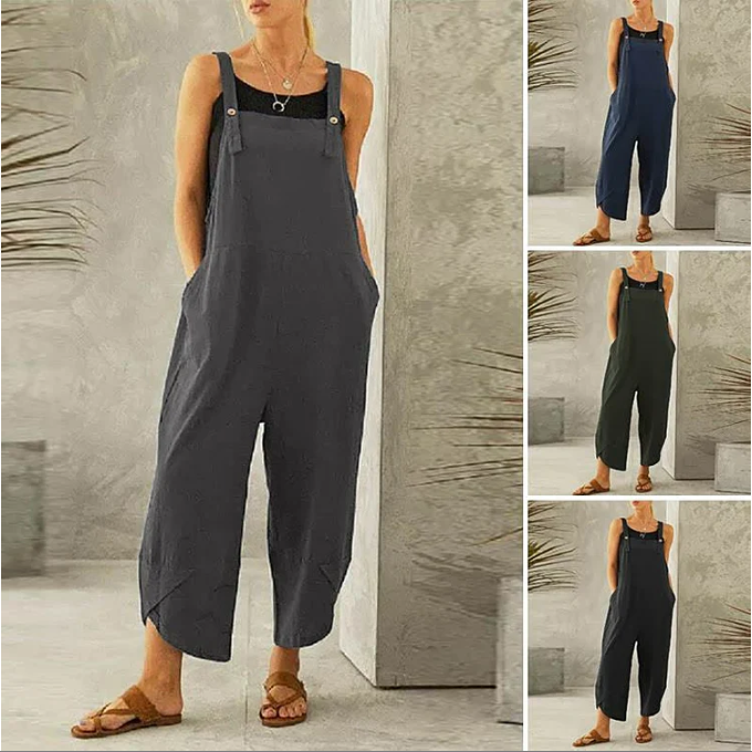 Womens Solid Color Casual Ninth Overalls