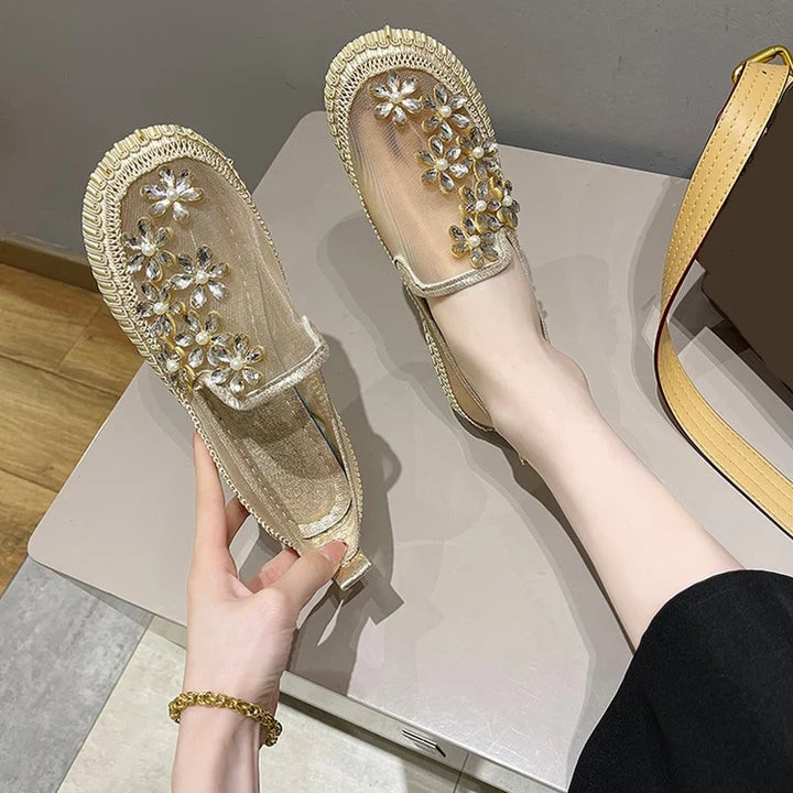 Women Rhinestone Crystal Flowers Mesh Ballet Flats Walking Shoes