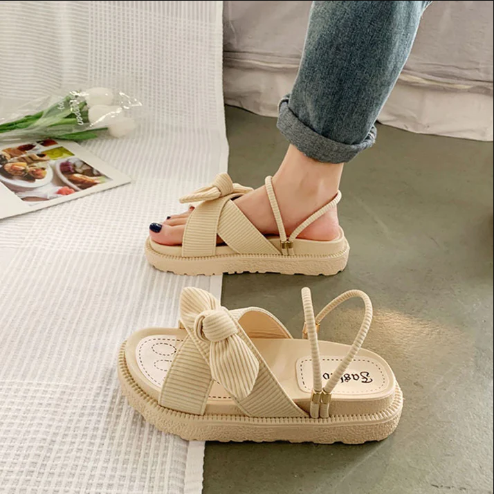 Comfortable Ribbed Corduroy Bow Slip On Sling Back Platform sandals
