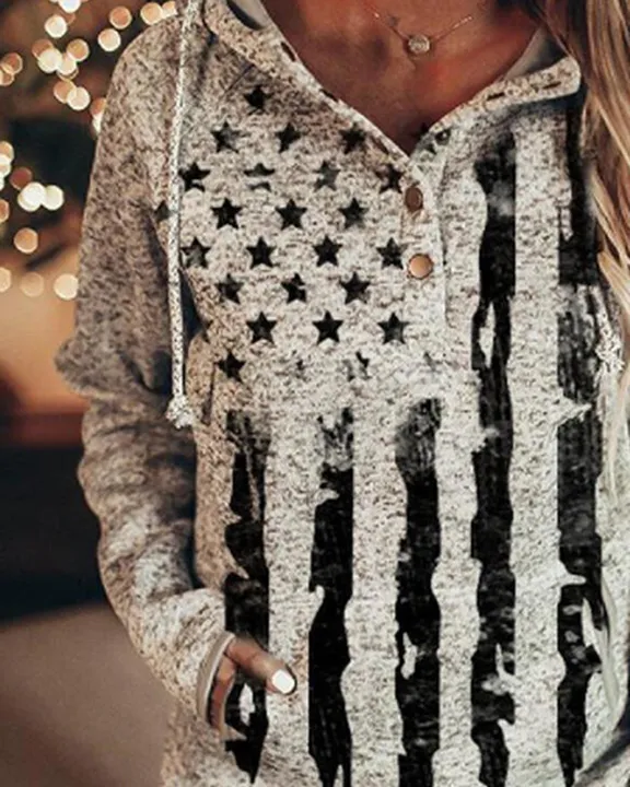 American Flag Print Button Front Pocket Detail Drawstring Hoodie