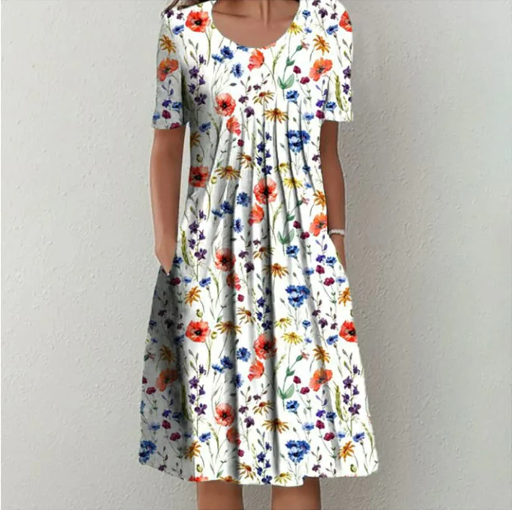 Station Spring And Summer Womens Casual Printing Round Neck Short-sleeved Dress