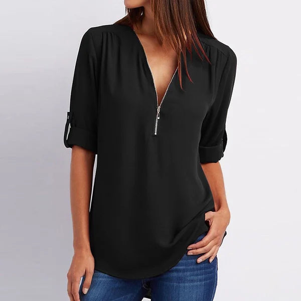 Plus Size Loose 3 4 Sleeve Zipper Blouse