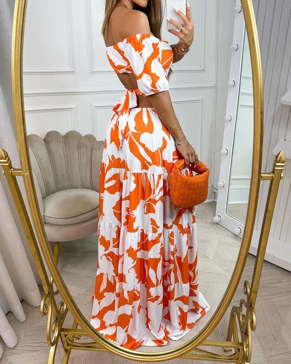 Off the shoulder Printed Cutout Lace up Dress