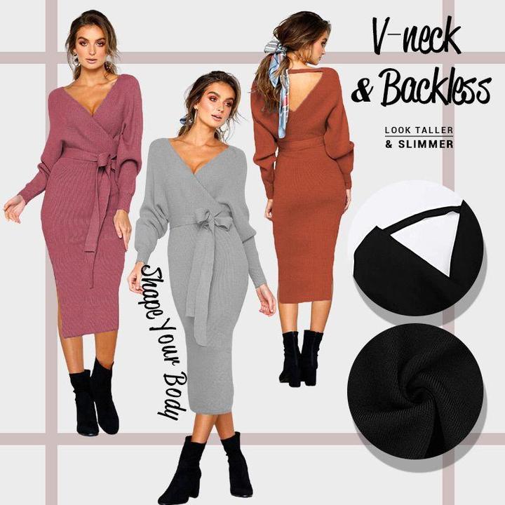 Elegant V Neck Wrap Sweater Dress