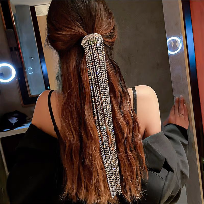 GLEAMING MULTI STRAND RHINESTONE PONYTAIL LONG TASSEL HAIR CLIP