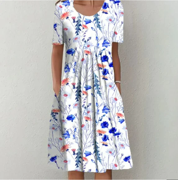 Station Spring And Summer Womens Casual Printing Round Neck Short-sleeved Dress
