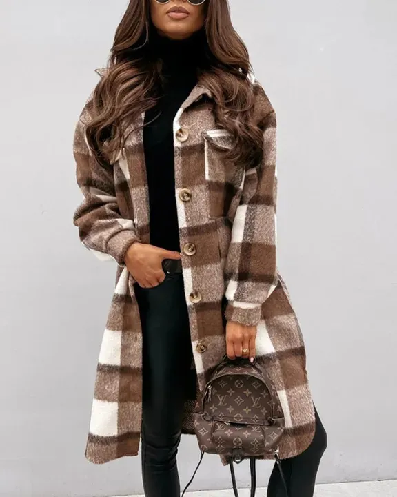 Plaid Print Patch Pocket Button Up Shacket Coat