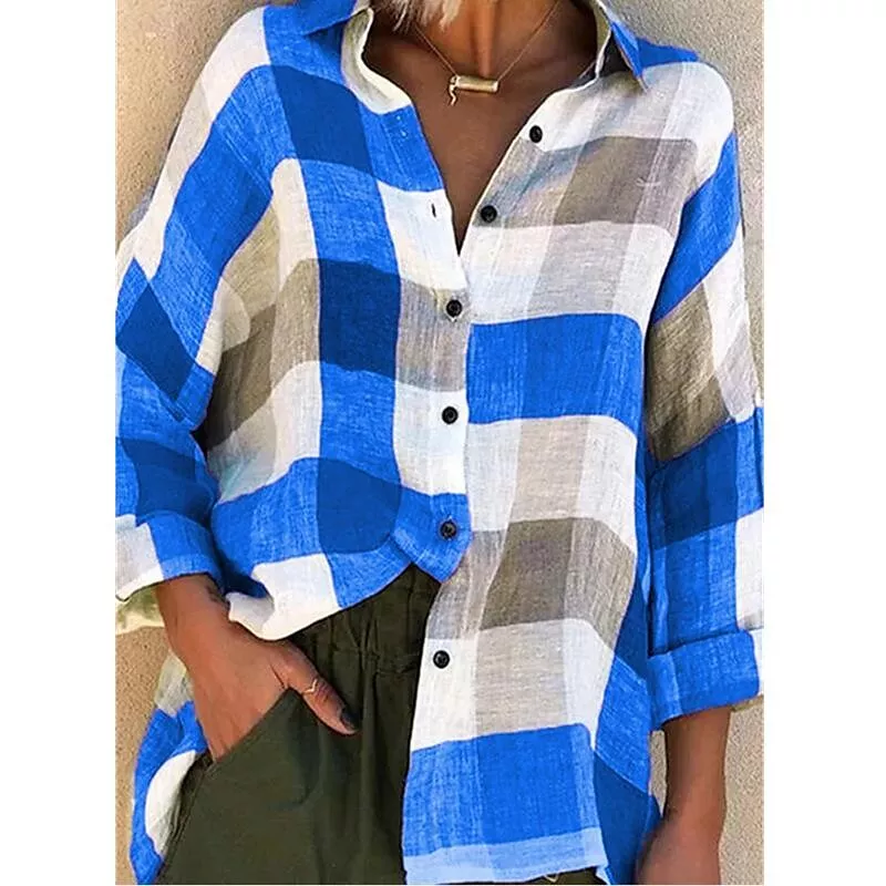 Womens Printed Long sleeved Shirt Loose Plaid Shirt