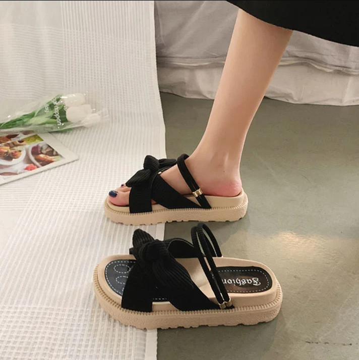 Comfortable Ribbed Corduroy Bow Slip On Sling Back Platform sandals